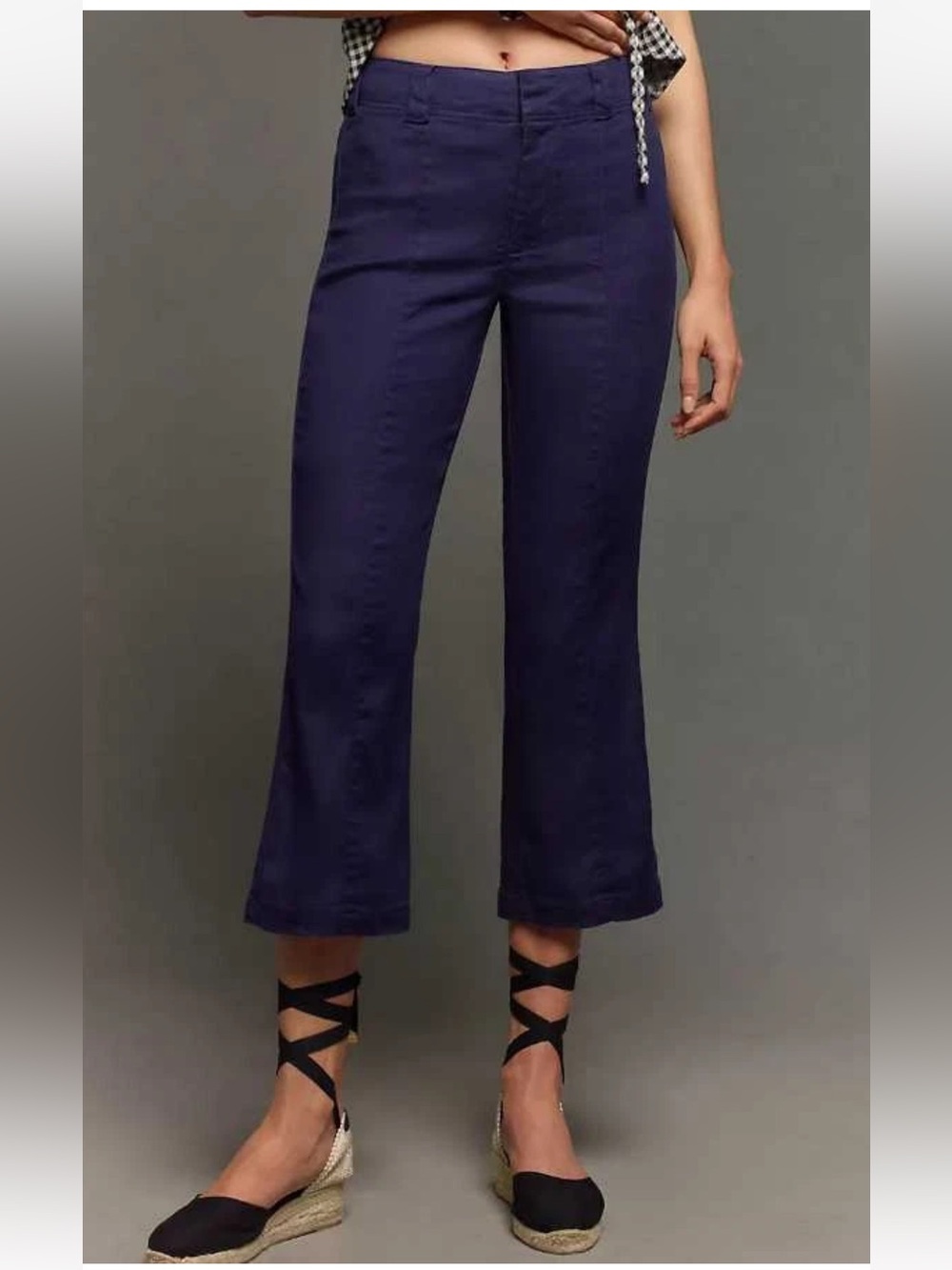 Anthropologie Maeve 70s Slim Cropped Kick Flare Linen Blend Pants in Navy - 28